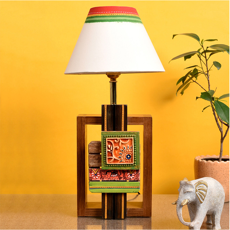 Moorni Table Lamp Handcrafted in Wood with Tribal Motifs & White Shade - (6x4x12.5 in)