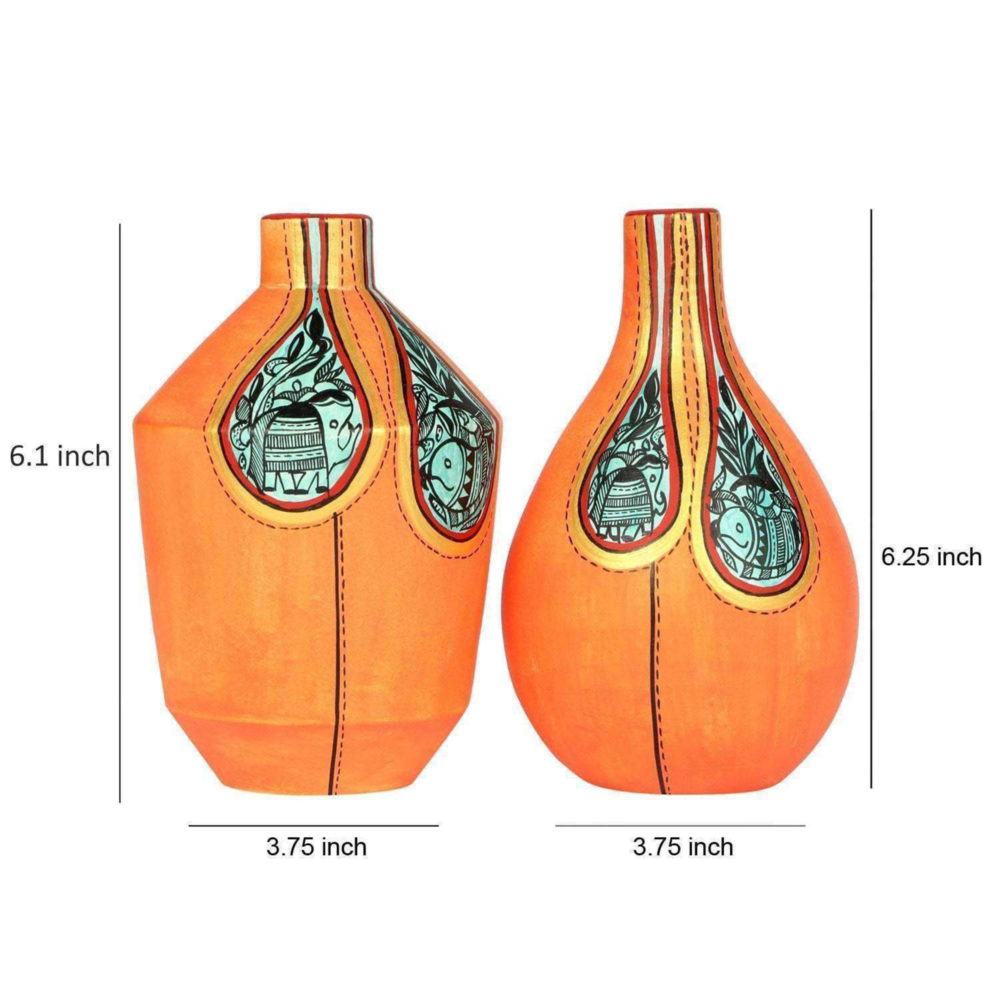 Moorni Vase Earthen Handcrafted Orange Warli (Set of 2) (6.1x3.7/6.3x3.7)