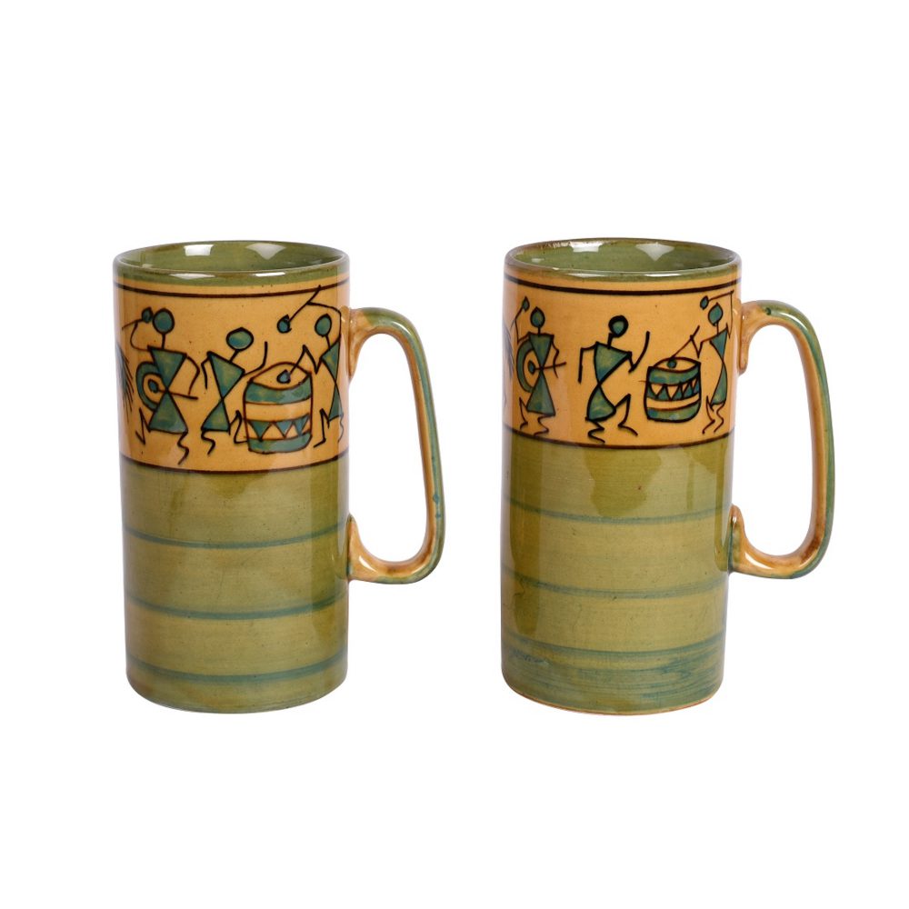 Moorni Mug Ceramic Yellow Warli (Set of 2) (5x3.75x3.1)