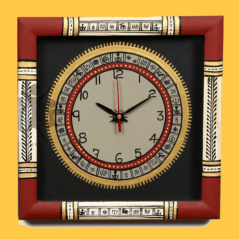 Moorni Wall Clock Handcrafted Warli Art White Dial with Glass Frame - (10x10 in)