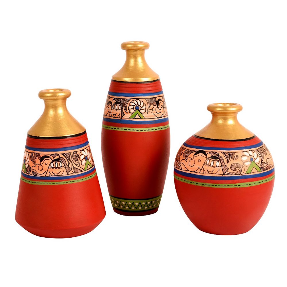 Moorni Vase Earthen Red Madhubani (Set of 3) 6/5/5