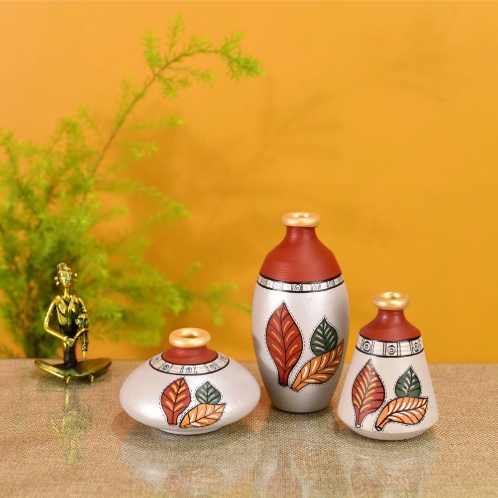 Moorni Silver Bloom Earthen Vases Handpainted in Tribal Art