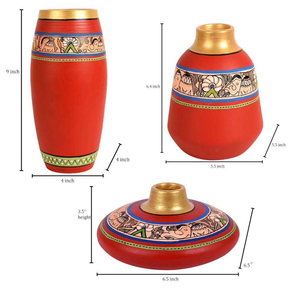 Moorni Vase Earthen Red Madhubani (Set of 3) 3.5/6.5/9