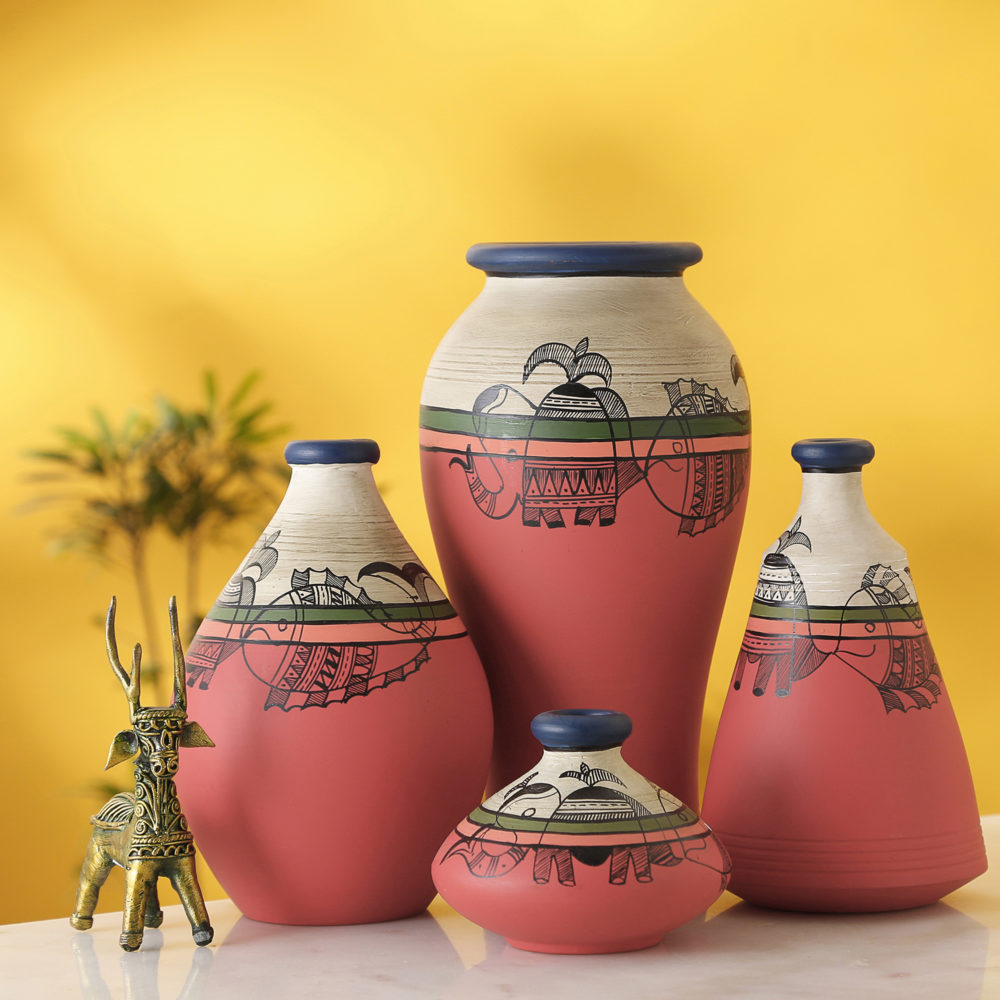 Moorni Handpainted Earthen Vases with Madhubani Tattoo Art
