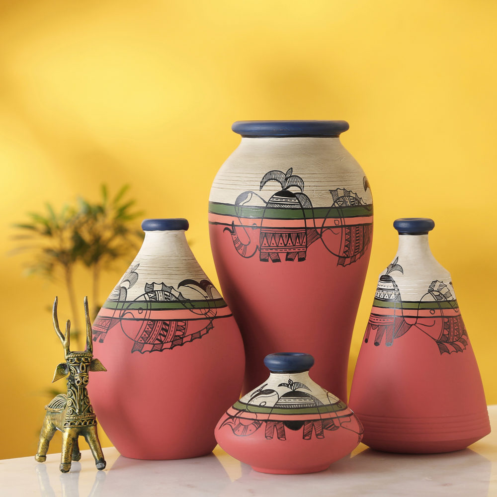 Moorni Handpainted Earthen Vases with Madhubani Tattoo Art