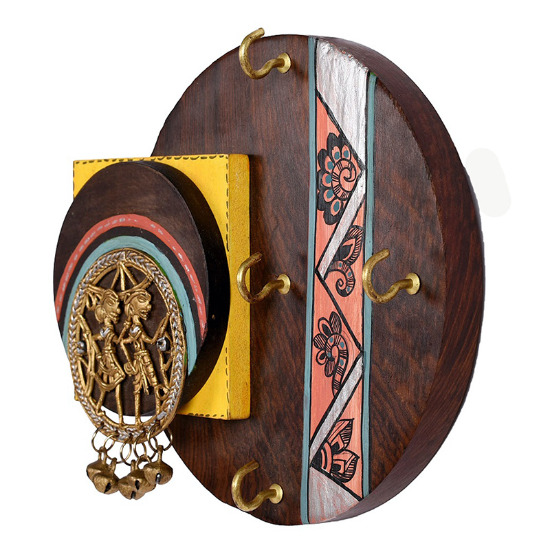 Moorni Key Holder Handcrafted Madhubani Dhokra 4 keys - (7.5x1.5x6.5 in)