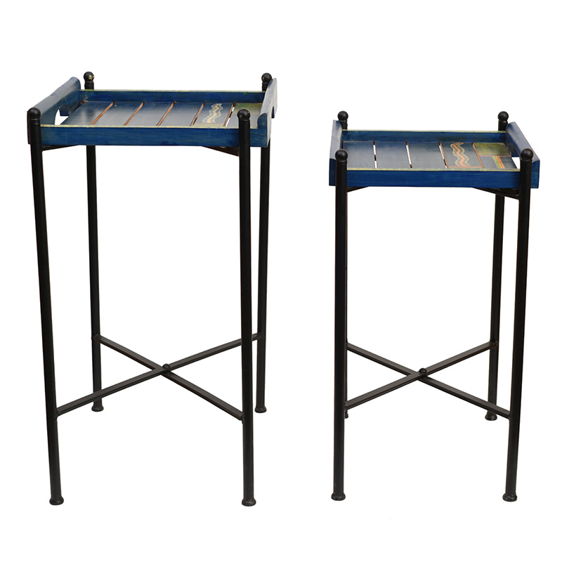 Moorni Azure Blue Serving Trays with Cross Folding Stands Handcrafted in Wood (SO2) - (12x12x19/10x10x16 in)