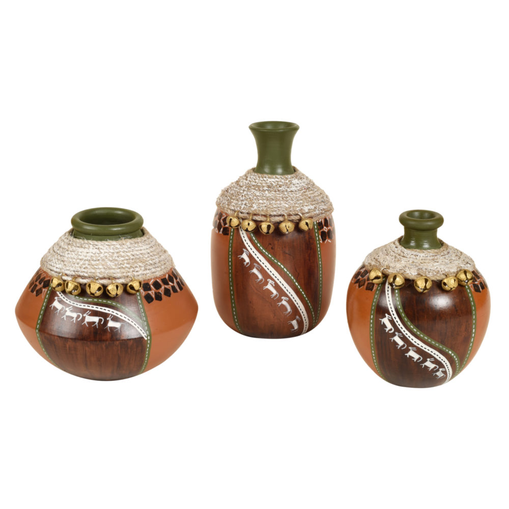 Moorni Coco-F Jute Embellished Earthen Vases in Warli Art