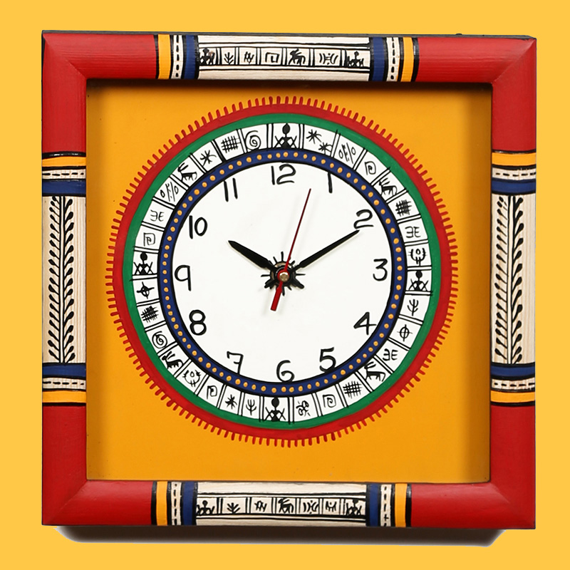 Moorni Wall Clock Handcrafted Warli Art Yellow Dial with Glass Frame - (10x10 in)