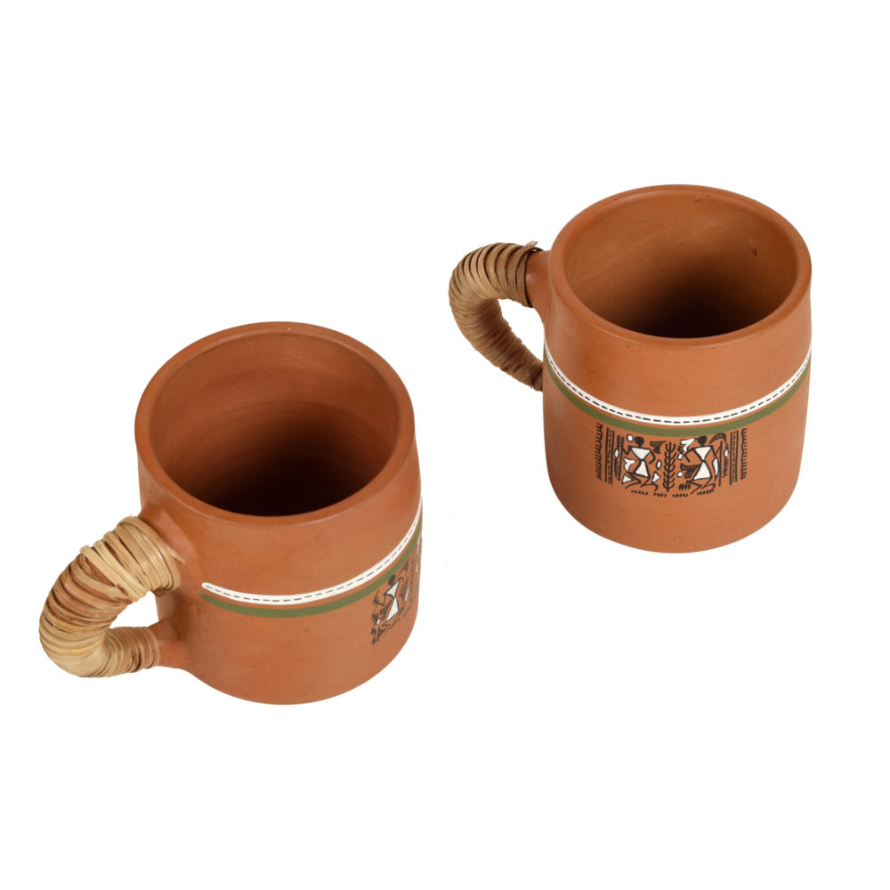 Moorni Knosh-2 Earthen Cups with Caned Handle (Set of 2) (4.5x3x3.6)