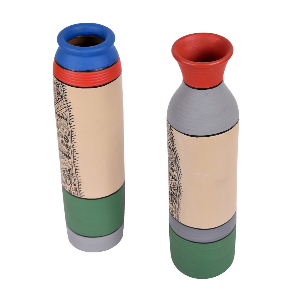 Moorni Vase Earthen GreyGreen Madhubani (Set of 2) (11.4x2.6/11.4x2.5)