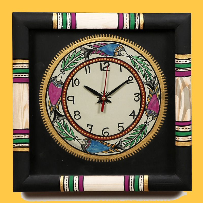 Moorni Wall Clock Handcrafted Warli Art Black Dial with Glass Frame - (10x10 in)