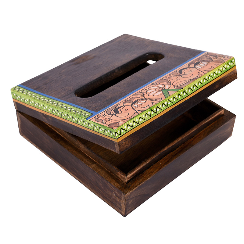 Moorni Tissue Box Handcrafted in Wood with Madhubani Painting - (7x7x2.5 in)