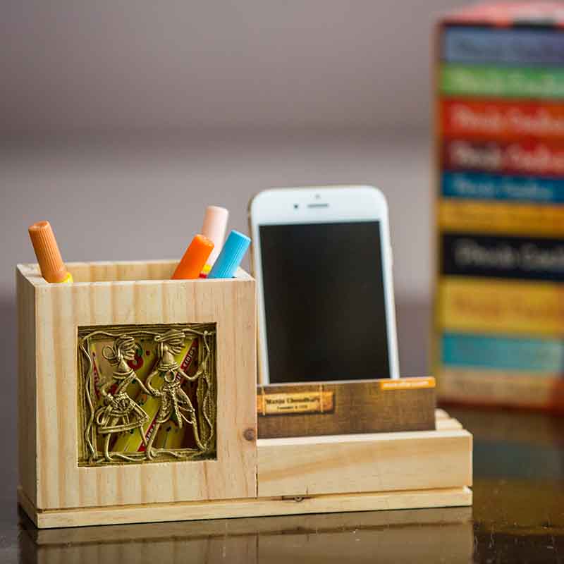 Olha-o Pine Wood Pen Stand with Card & Mobile Holder