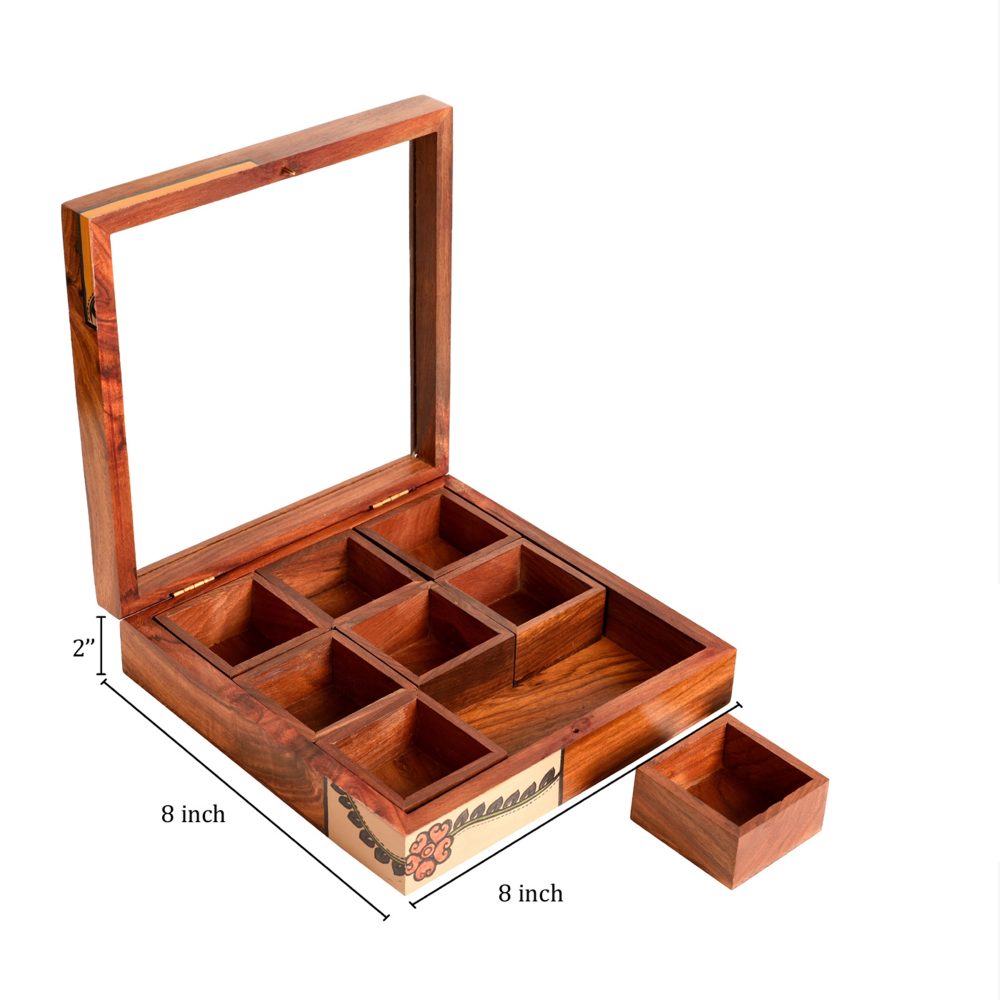 Moorni Jewelery Box Handcrafted 9 Slots Madhubani Wooden 8x8x2