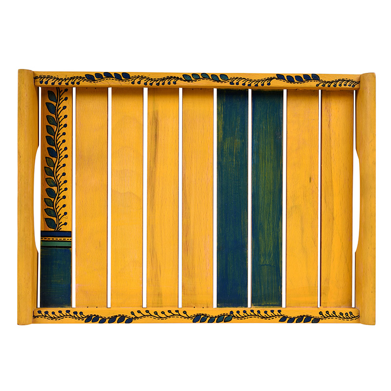 Moorni Trays in Yellow with Tribal Art Handcrafted in RoseWood - Set of 2 (14x10/12x8 in)