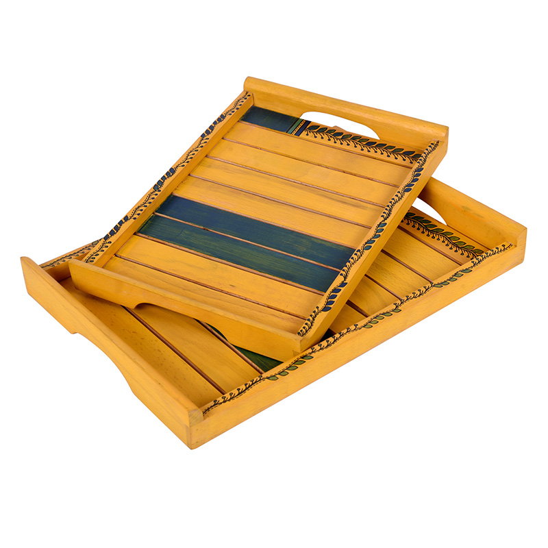 Moorni Trays in Yellow with Tribal Art Handcrafted in RoseWood - Set of 2 (14x10/12x8 in)