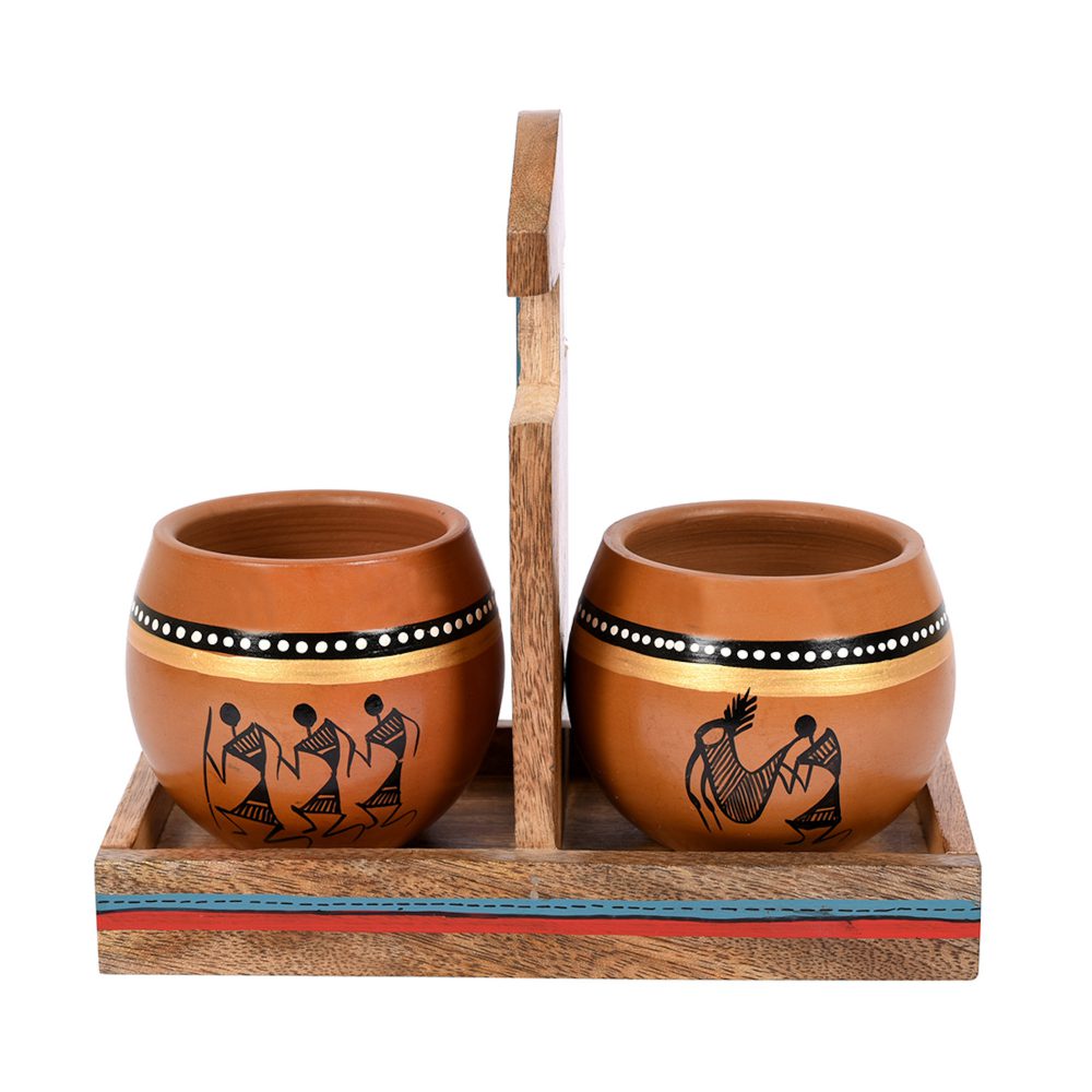 Moorni Cup Holder & 2 Earthen Kullad (Set of 3) (7x3.3x7)