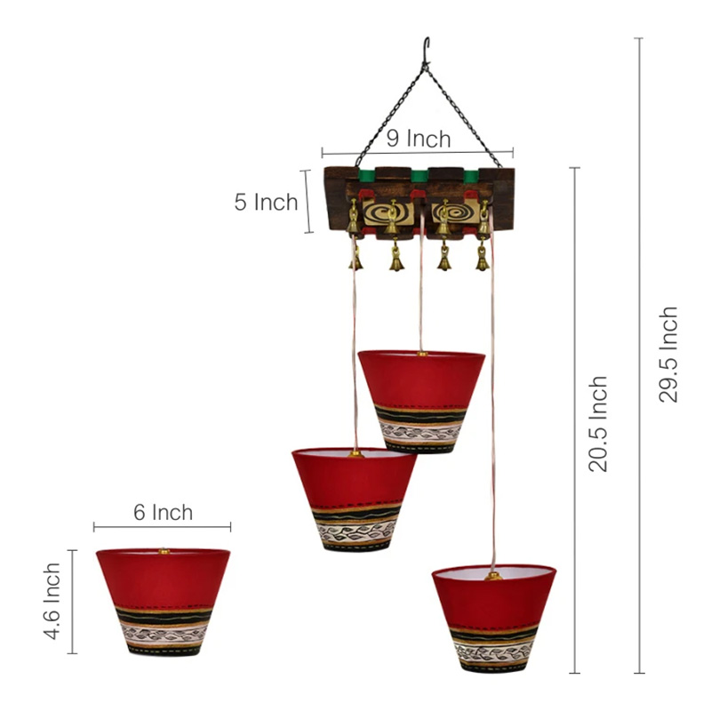 Moorni Soma-3 Chandelier With Hanging Cotton Lamp Shades In Red (3 Shades)