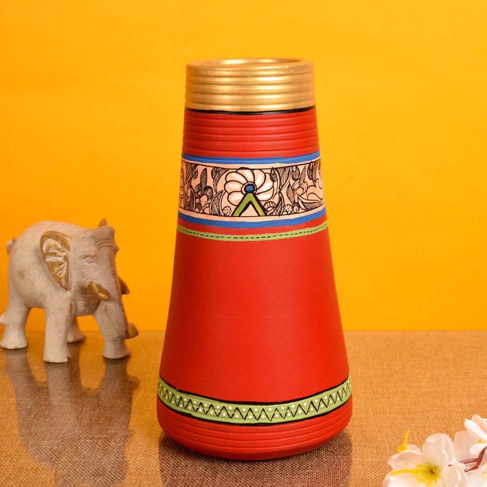 Moorni Vase Earthen Handcrafted Red Madhubani 9x4.5(HxD)