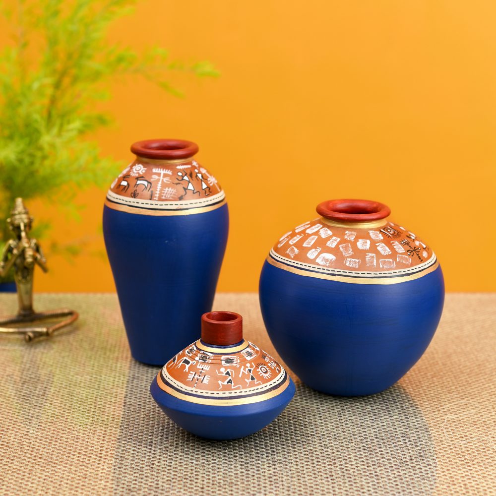 Moorni Exotic Warli Vases in Blue color (Set of 3)