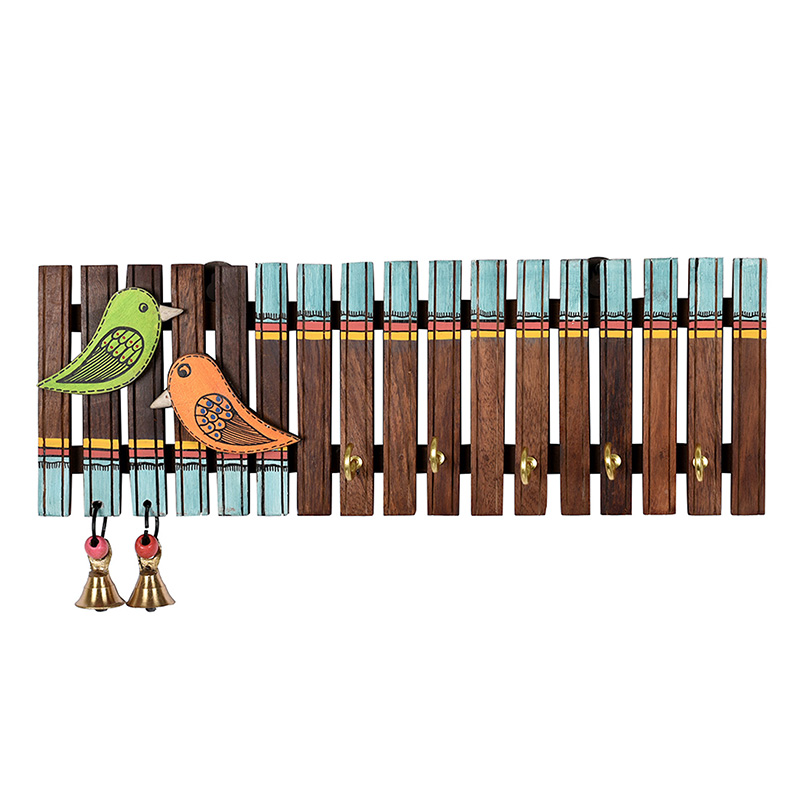 Moorni Key Holder Handcrafted Tribal Art Wooden Strips & birds 4 keys - (12x1.4x5.4 in)