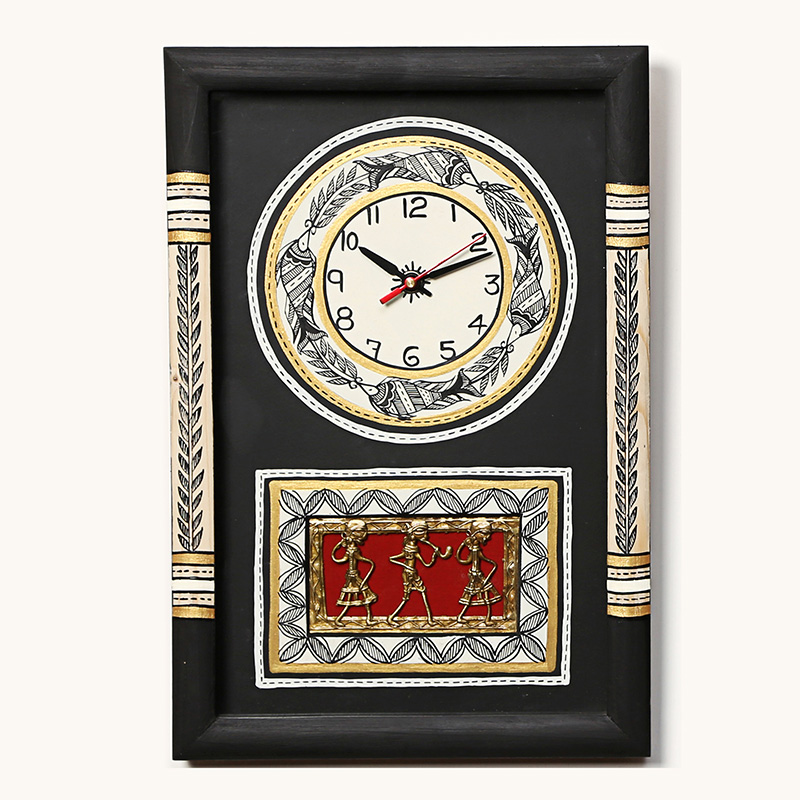 Moorni Wall Clock Handcrafted Warli/Dhokra Art Black Dial with Glass Frame