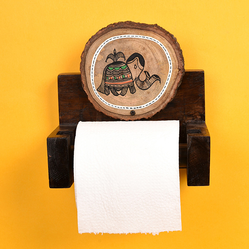 Moorni Tissue Roll/Towel Holder Handcrafted in Wood with Folk Art - (6x4x6 in)