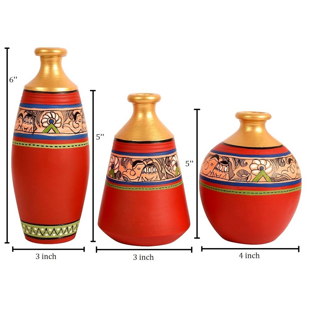 Moorni Vase Earthen Red Madhubani (Set of 3) 6/5/5