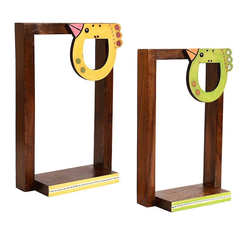 Moorni Wall Decor 2 Wooden Shelf & 2 Colored Pots Madhubani Design - (5.5x2.5x8.5 in)