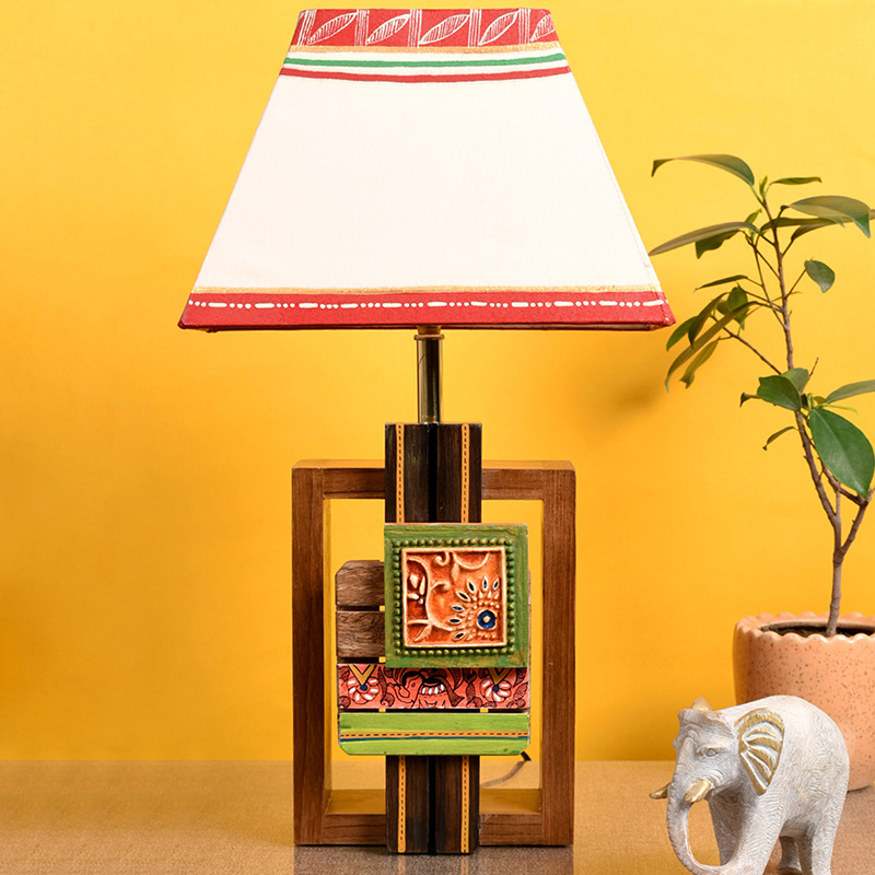 Moorni Table Lamp Handcrafted in Wood with Tribal Motifs & White Shade - (6x4x12.5 in)