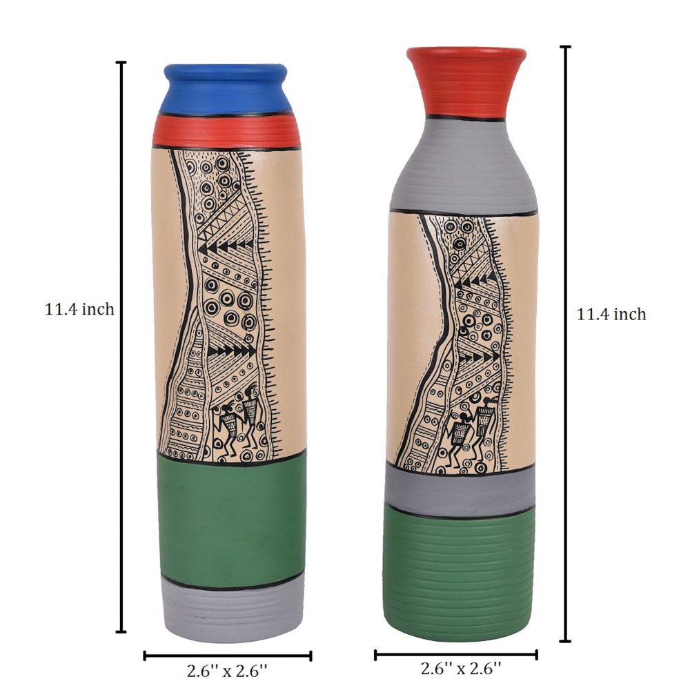 Moorni Vase Earthen GreyGreen Madhubani (Set of 2) (11.4x2.6/11.4x2.5)
