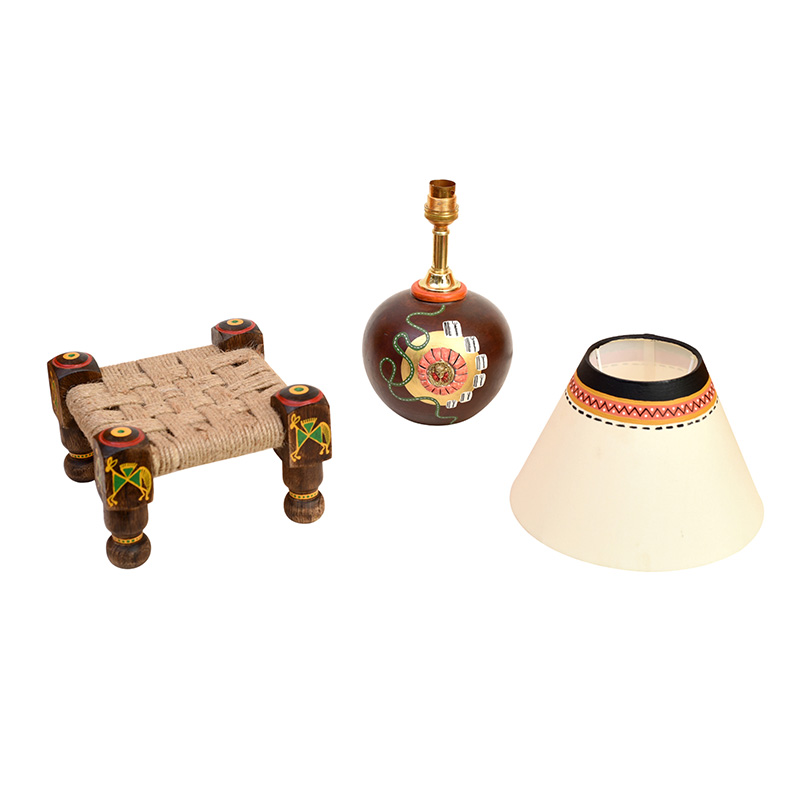 Moorni Table Lamp Earthen in Brown Color on Jute Wooden Manji Handcrafted with White Shade (8x8x17 in)