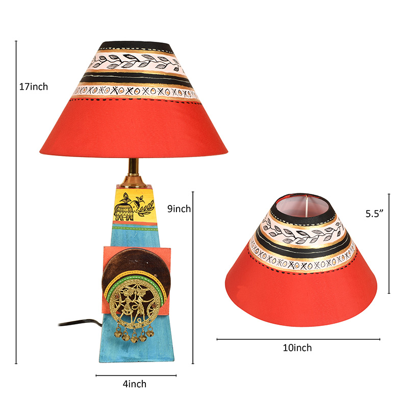 Moorni Turquoise Blue Lamp Embellished with Dhokra Brass Tiles & Red Shade