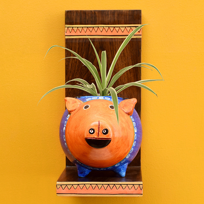 Moorni Piggy Wall Decor Shelf with Earthen Planter - (5x7x11 in)