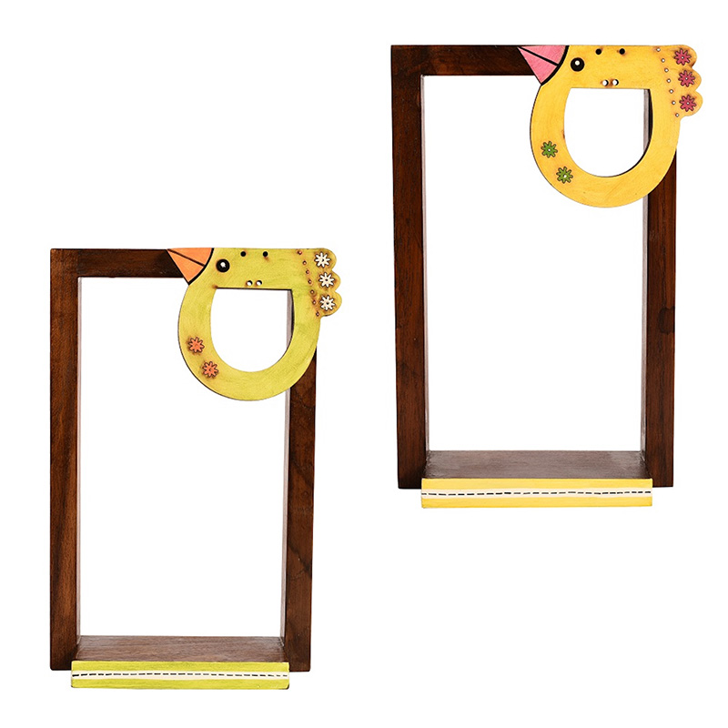 Moorni Wall Decor Handcrafted Wooden Bird Motif Shelves Set of 2 - (5.5x2.5x8.5 in)