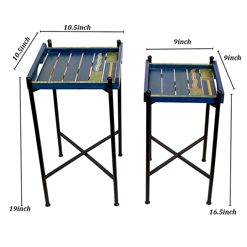 Moorni Azure Blue Serving Trays with Cross Folding Stands Handcrafted in Wood (SO2) - (12x12x19/10x10x16 in)