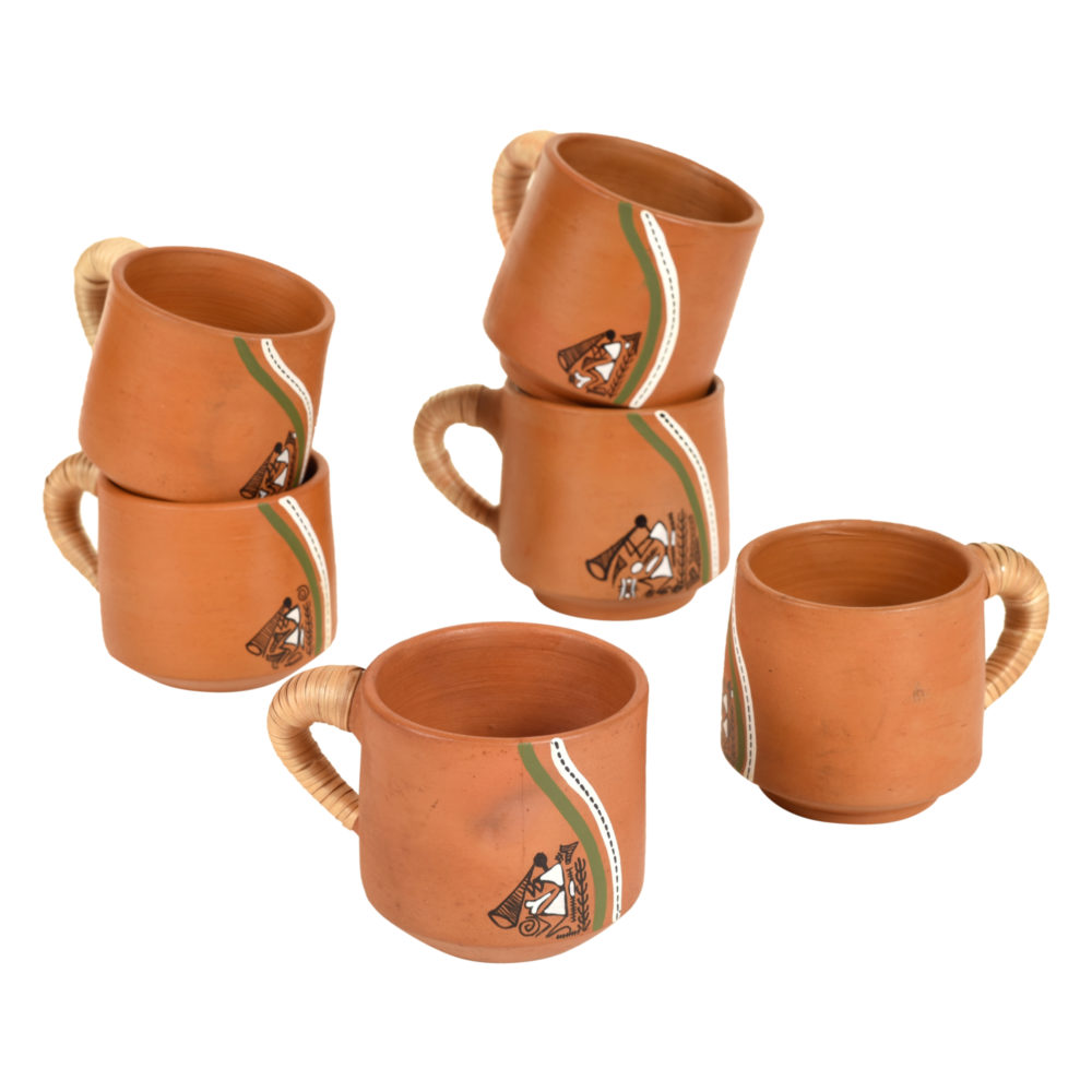 Moorni Knosh-J Earthen Cups with Caned Handle (Set of 6)