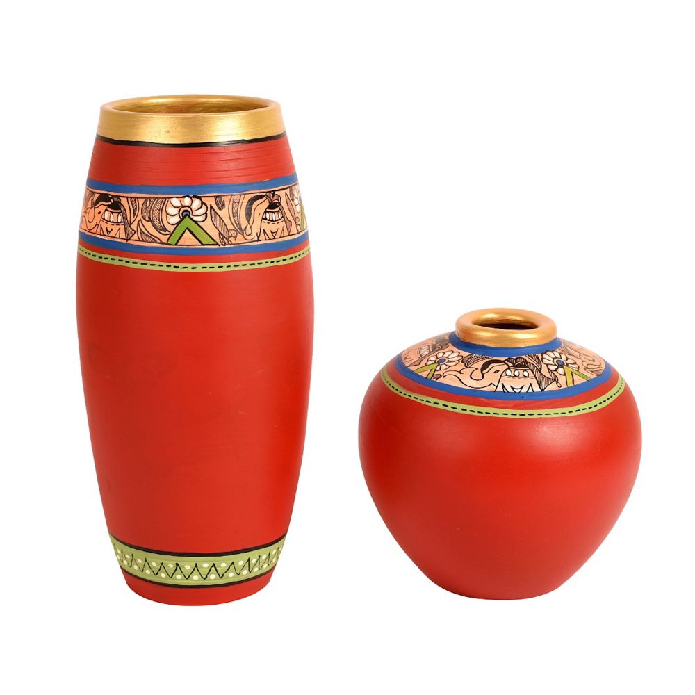 Moorni Vase Earthen Red Madhubani (Set of 2) (9x4/5x5)