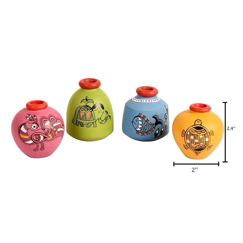 Moorni Wall Decor Ladder & 4 Colored Handcrafted Madhubani Pots - (16.5x2x6 in)