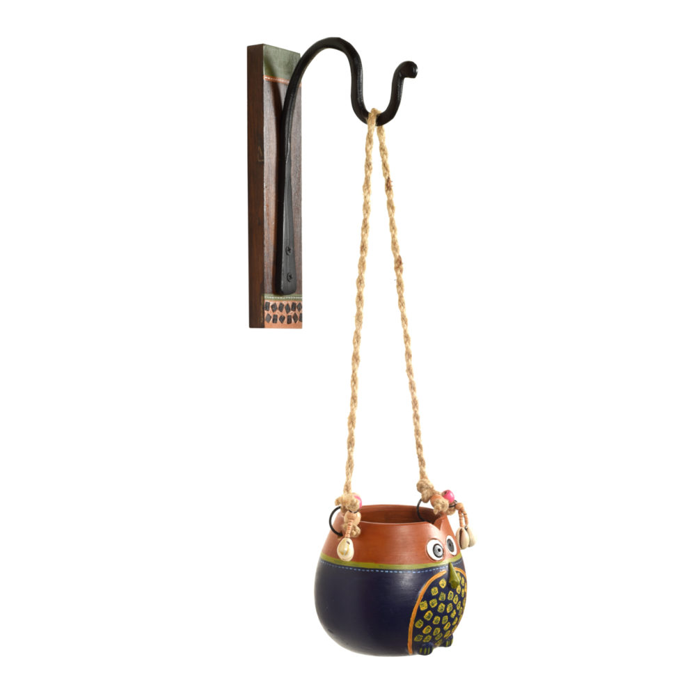 Moorni Brown-Blue Earthen Planter on a Classic Wall Hook