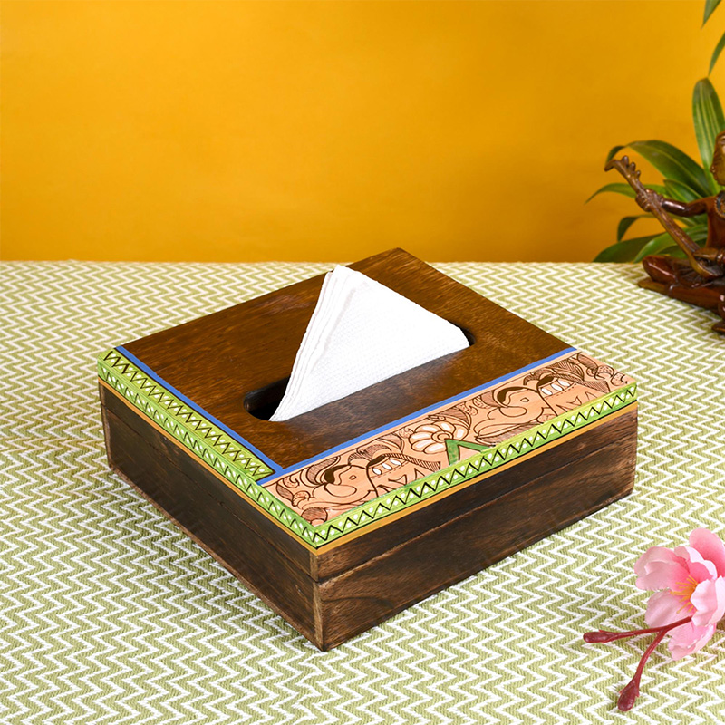 Moorni Tissue Box Handcrafted in Wood with Madhubani Painting - (7x7x2.5 in)