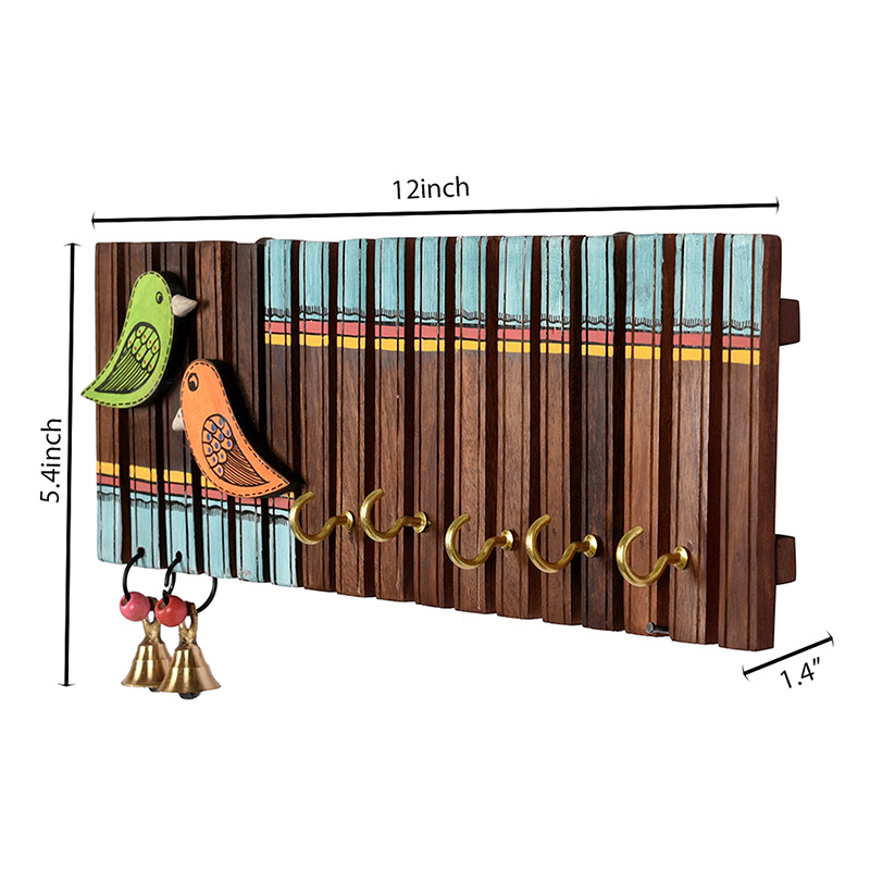 Moorni Key Holder Handcrafted Tribal Art Wooden Strips & birds 4 keys - (12x1.4x5.4 in)