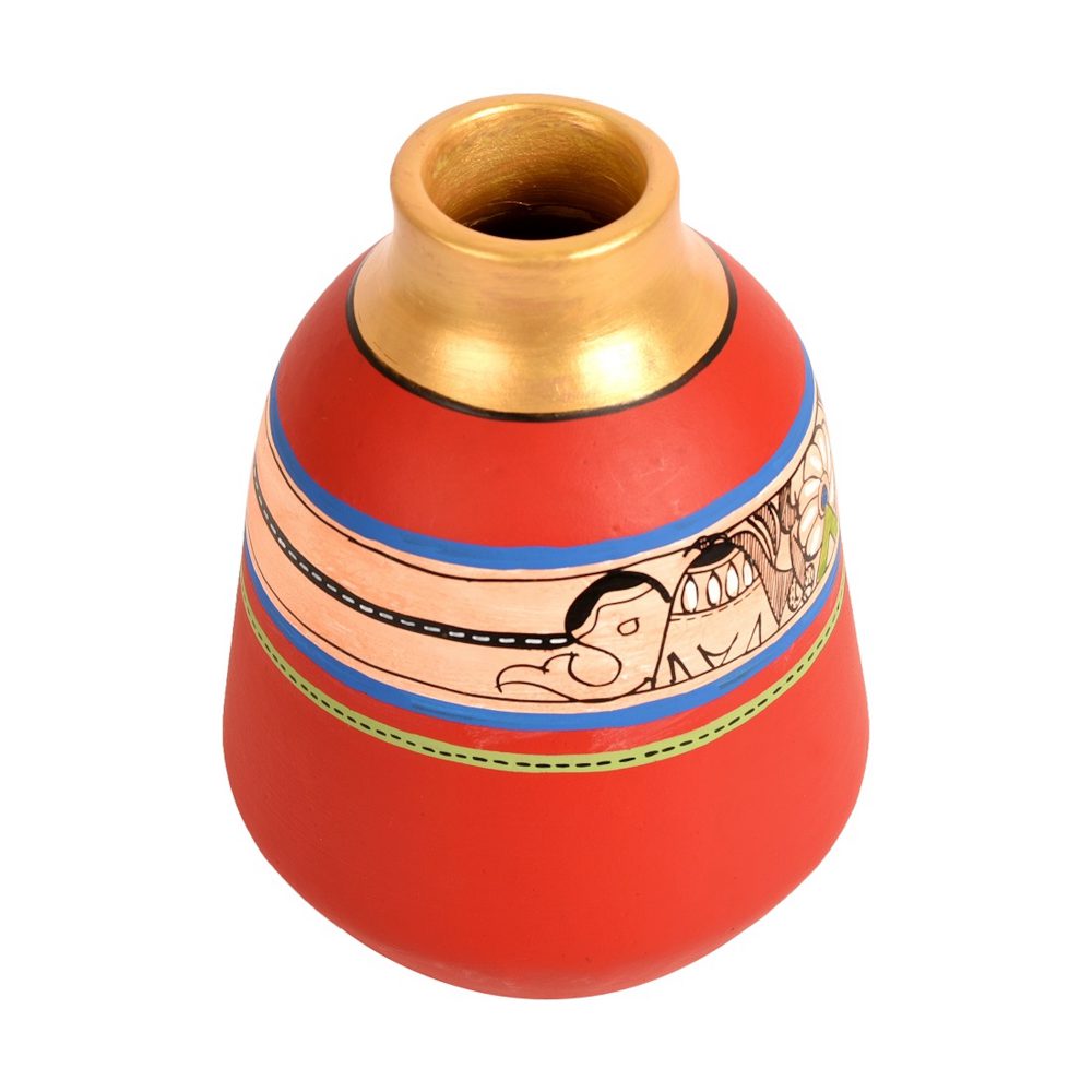 Moorni Vase Earthen Handcrafted Red Madhubani 6.5x5.5(HxD)