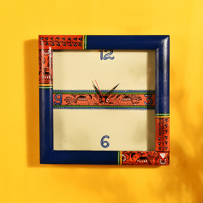 Moorni Wall Clock Handcrafted with Madhubani Art Blue Frame with Glass - (10x2x10 in)