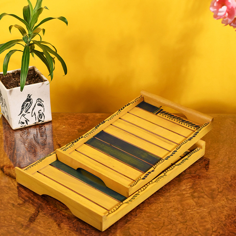 Moorni Trays in Yellow with Tribal Art Handcrafted in RoseWood - Set of 2 (14x10/12x8 in)