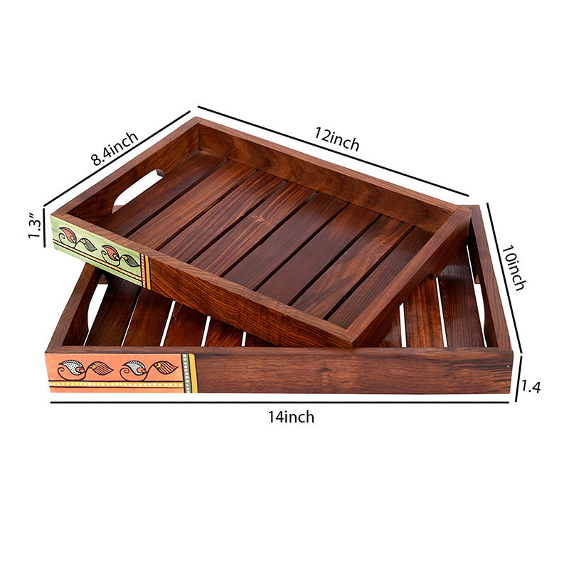 Moorni Trays with Madhubani Art Handcrafted in RoseWood - Set of 2 (14x10/12x8.4 in)
