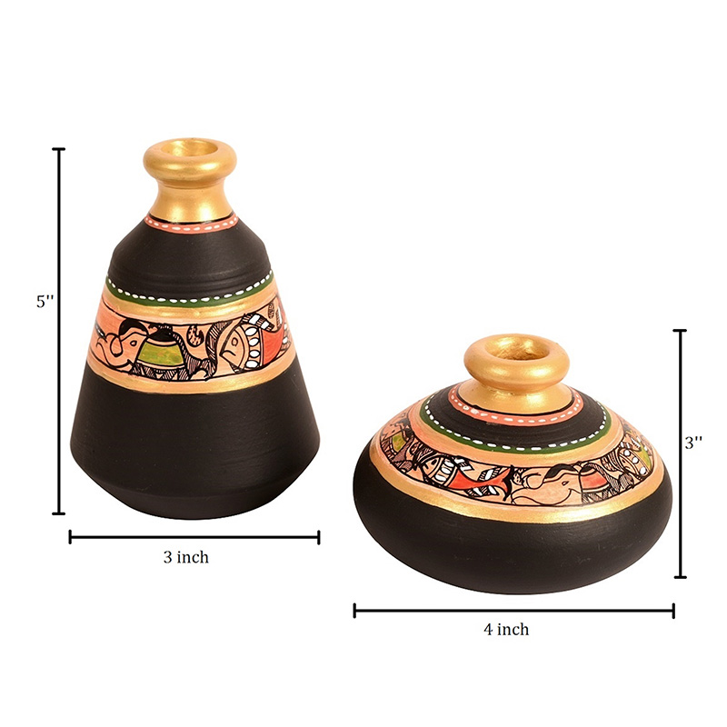 Moorni Wall Decor 2 Wooden Shelf & 2 Pots Madhubani Design Black - (9x2.7x8 in)