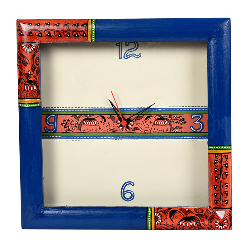 Moorni Wall Clock Handcrafted with Madhubani Art Blue Frame with Glass - (10x2x10 in)