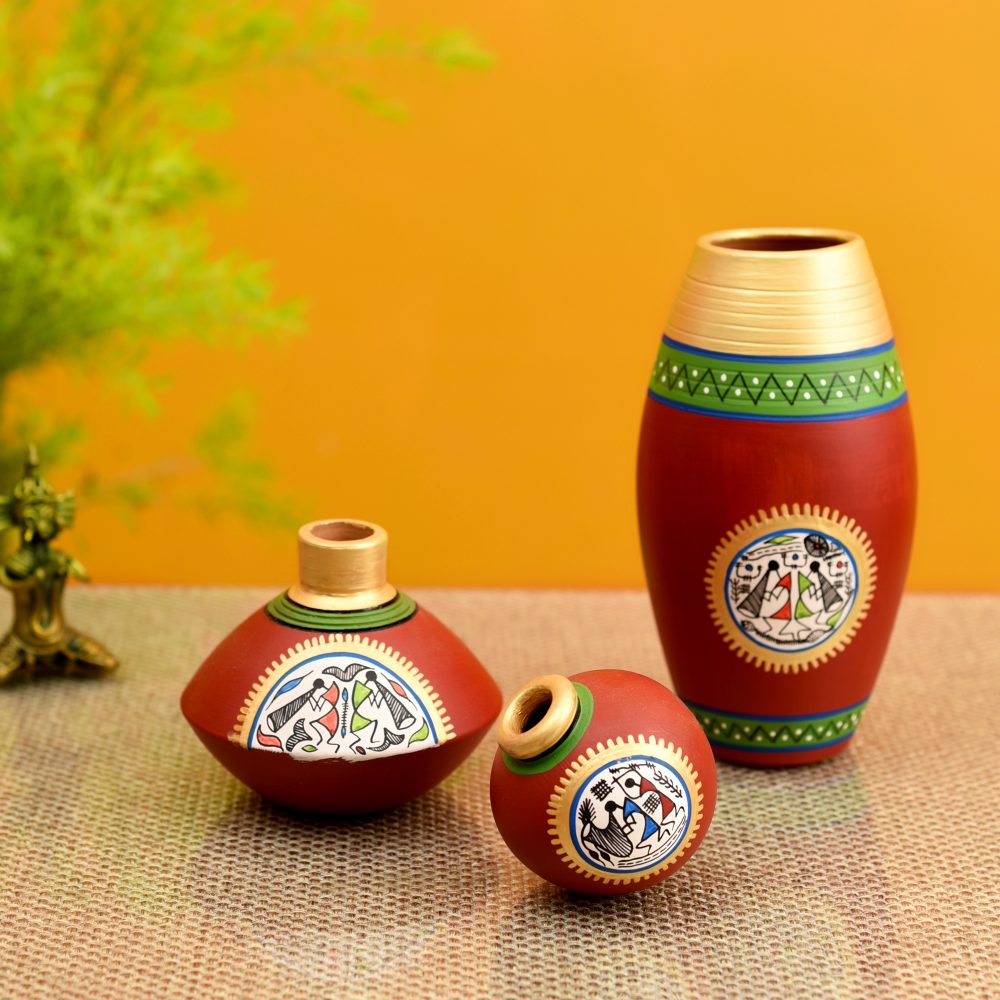 Moorni Rustic Warli Vases (So3) in Red color (5x2.5/3x2/6x3 x HxDIA)